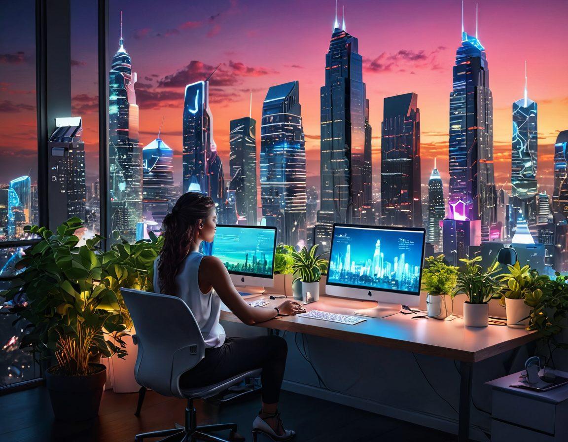 A futuristic city skyline representing innovation with sleek skyscrapers, integrated greenery, and advanced technology. In the foreground, a modern blogger seated at a stylish desk with open devices, looking inspired as they jot down notes. Soft glowing lights highlighting technological gadgets around them, set in a vibrant, inviting color palette. super-realistic. vibrant colors. 3D.
