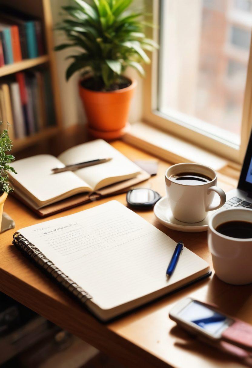 An open notebook with a colorful pen resting on top, surrounded by various lifestyle items like a potted plant, coffee cup, and a smartphone displaying social media. In the background, a warm, sunlit room features shelves filled with books on writing and creativity, inviting the viewer to dive into crafting compelling content. A subtle glow highlights the pages of the notebook, suggesting inspiration and ideas flowing freely. vibrant colors. cozy atmosphere. super-realistic.