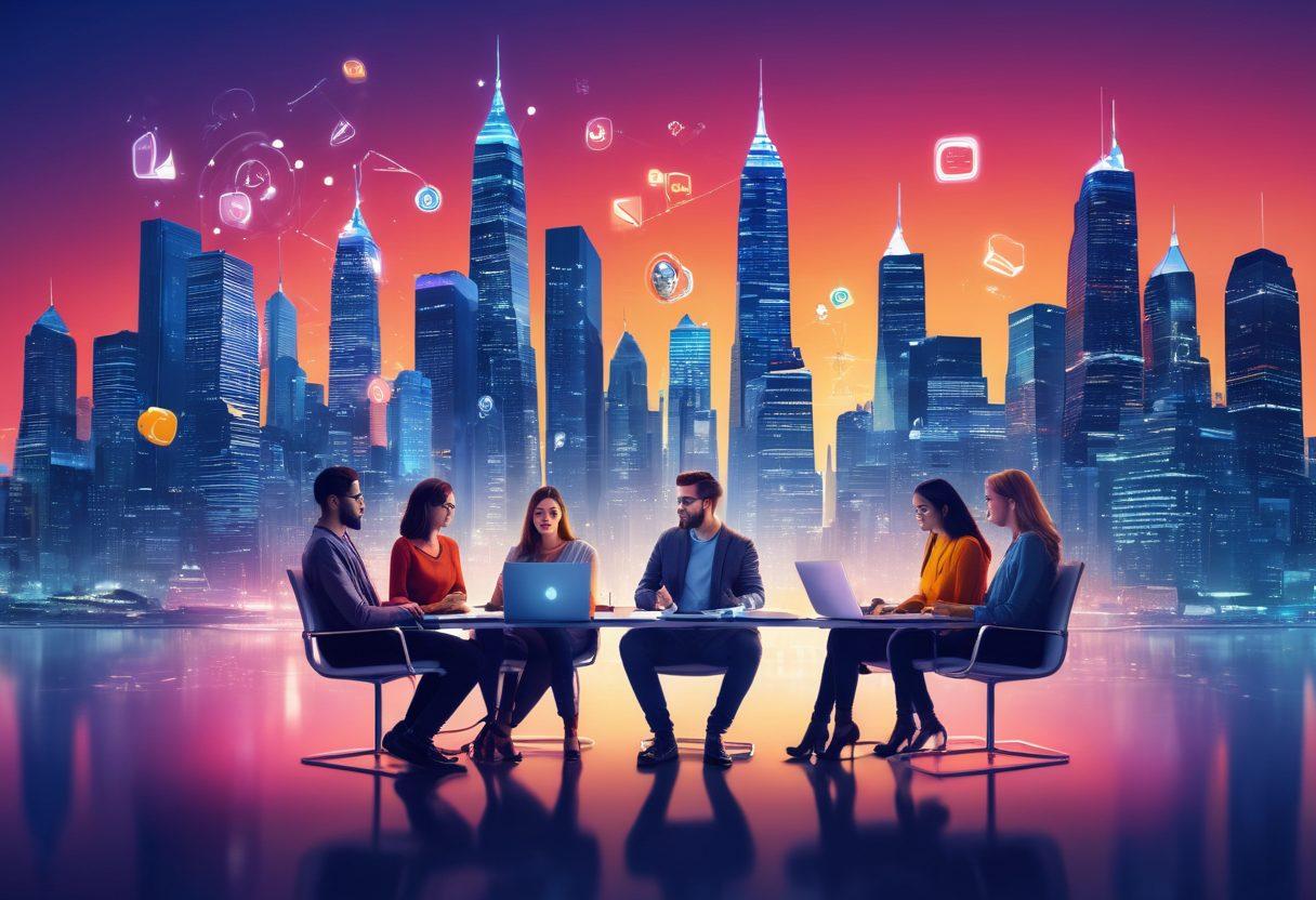 A dynamic scene showcasing a diverse group of bloggers engaged in a lively discussion about innovative trends. They are surrounded by floating digital icons representing various blogging tools and social media platforms, with a futuristic city skyline in the background symbolizing progress. Incorporate a mix of bright colors to convey excitement and creativity, with a sleek, modern aesthetic. super-realistic. vibrant colors. 3D.